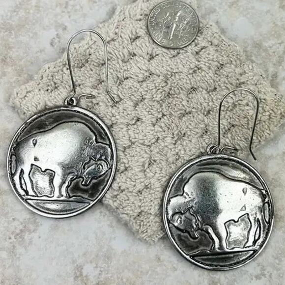 Silver Buffalo Western Concho Disc Medallion Dangle Earrings - Picture 1 of 2